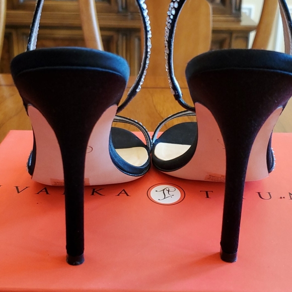 Black Satin Rhinestone Heeled Sandals - Picture 7 of 9